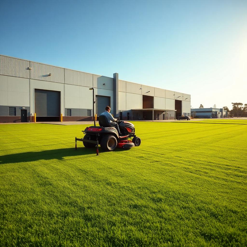 Commercial ride-on mower servicing an industrial property